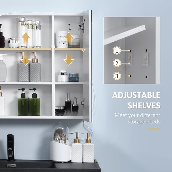 Kleankin Illuminated Bathroom Cabinet: Wall-Mounted with LED Mirror, Adjustable Shelf, Touch Switch, USB Charging, Pristine White Aosom UK