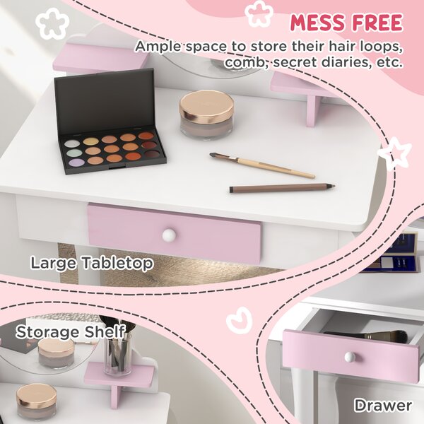 ZONEKIZ Bunny-Design Kids Dressing Table, with Mirror and Stool, Fun and Functional, White and Pink Aosom UK