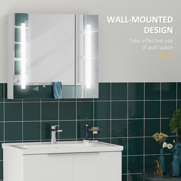 Kleankin Illuminated Bathroom Cabinet: Wall-Mounted with LED Mirror, Adjustable Shelf, Touch Switch, USB Charging, Pristine White Aosom UK