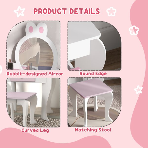 ZONEKIZ Bunny-Design Kids Dressing Table, with Mirror and Stool, Fun and Functional, White and Pink Aosom UK