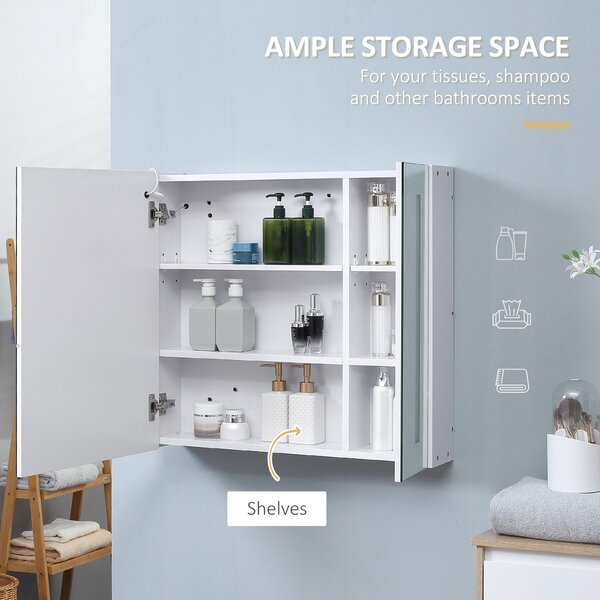 Kleankin Illuminated Bathroom Cabinet: Wall-Mounted with LED Mirror, Adjustable Shelf, Touch Switch, USB Charging, Pristine White Aosom UK