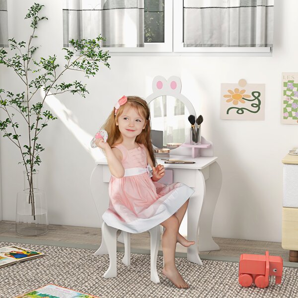 ZONEKIZ Bunny-Design Kids Dressing Table, with Mirror and Stool, Fun and Functional, White and Pink Aosom UK
