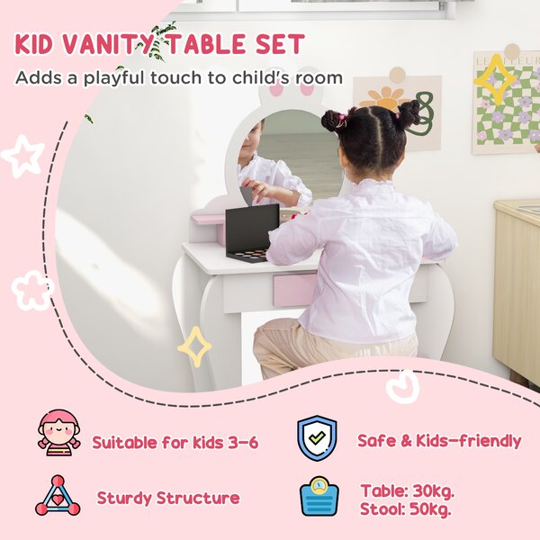ZONEKIZ Bunny-Design Kids Dressing Table, with Mirror and Stool, Fun and Functional, White and Pink Aosom UK