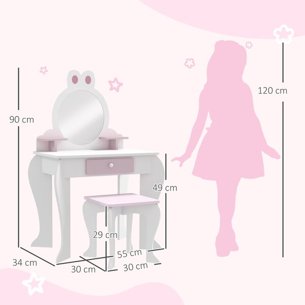 ZONEKIZ Bunny-Design Kids Dressing Table, with Mirror and Stool, Fun and Functional, White and Pink Aosom UK