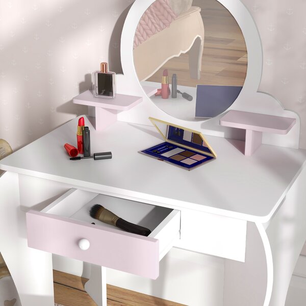ZONEKIZ Bunny-Design Kids Dressing Table, with Mirror and Stool, Fun and Functional, White and Pink Aosom UK