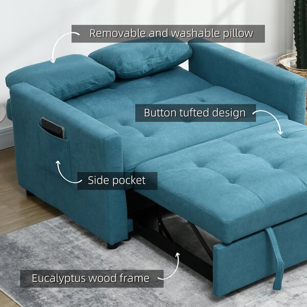 HOMCOM Loveseat Sofa Bed, Convertible Bed Settee with 2 Cushions, Side Pockets for Living Room, Guest Room, Blue Aosom UK