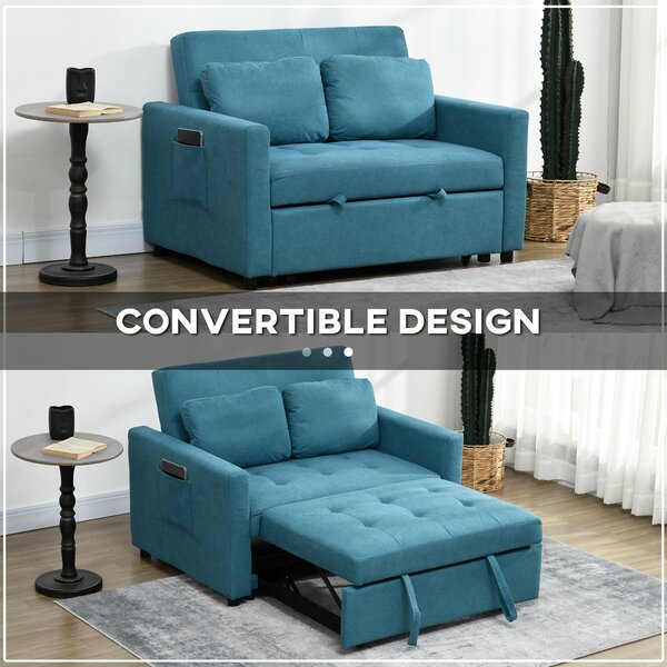 HOMCOM Loveseat Sofa Bed, Convertible Bed Settee with 2 Cushions, Side Pockets for Living Room, Guest Room, Blue Aosom UK
