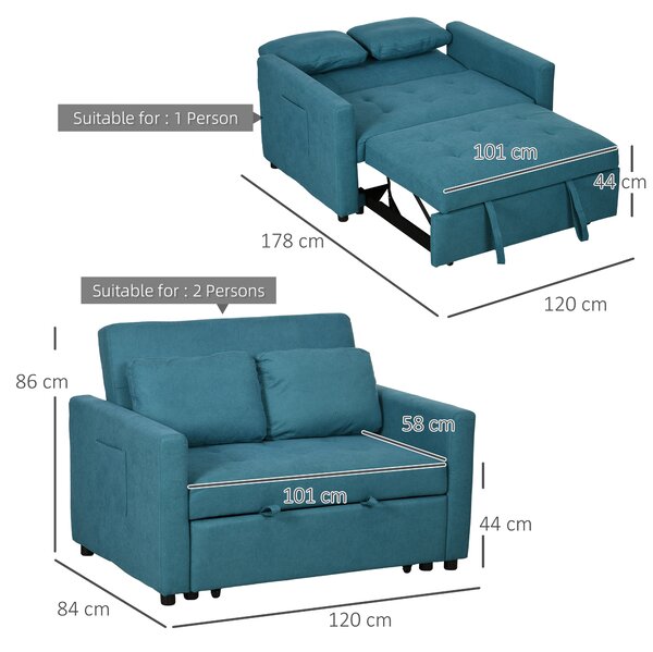 HOMCOM Loveseat Sofa Bed, Convertible Bed Settee with 2 Cushions, Side Pockets for Living Room, Guest Room, Blue Aosom UK