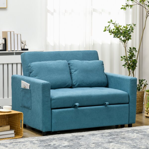 HOMCOM Loveseat Sofa Bed, Convertible Bed Settee with 2 Cushions, Side Pockets for Living Room, Guest Room, Blue Aosom UK