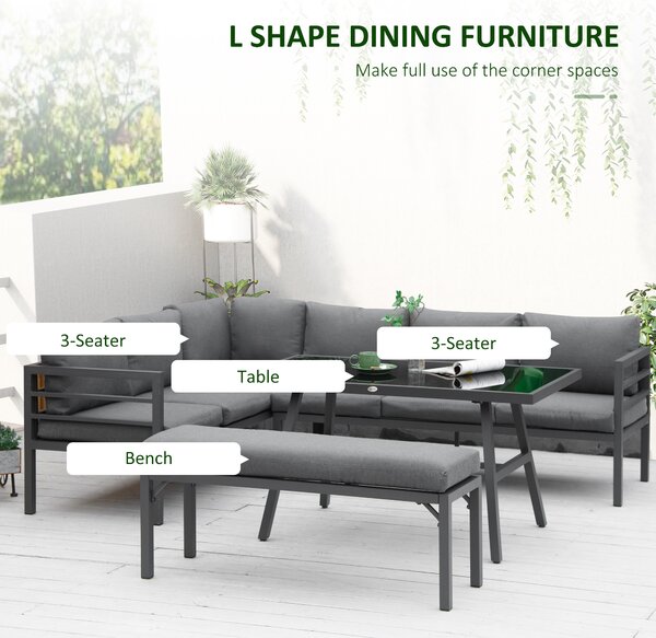 Outsunny 4 Piece L-shaped Garden Furniture Set 8-Seater Aluminium Outdoor Dining Set Conversation Sofa Set w/ Bench, Dining Table & Cushions, Grey