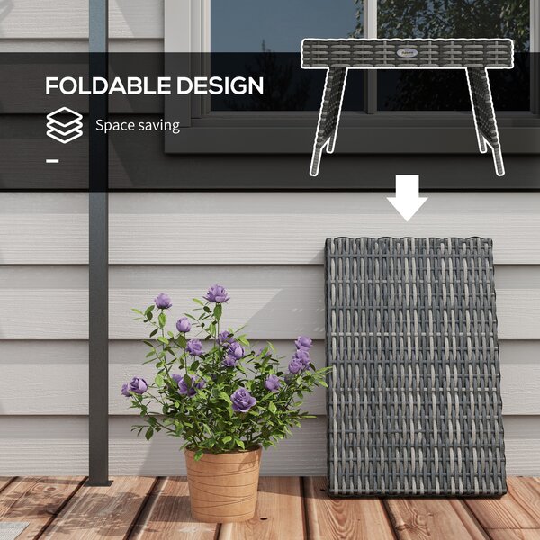 Outsunny Rattan Coffee Table, Foldable Metal Frame Side Table for Outdoor, Garden, Lawn, Mixed Grey Aosom UK