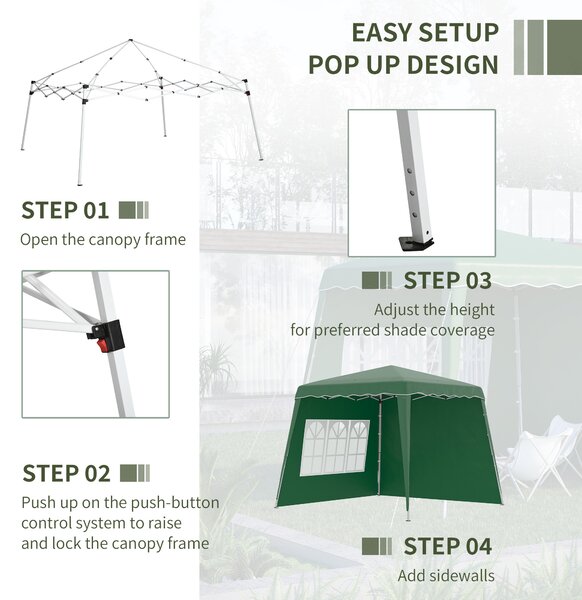 Outsunny Pop Up Gazebo with 2 Sides, Slant Legs and Carry Bag, Height Adjustable UV50+ Party Tent Event Shelter for Garden, Patio, Green