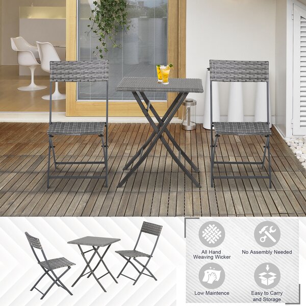 Outsunny PE Rattan Garden Furniture 2 Seater Patio Bistro Set Folding for 2 Outdoor Table and Chair Set (Grey) Aosom UK
