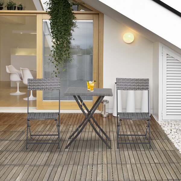 Outsunny PE Rattan Garden Furniture 2 Seater Patio Bistro Set Folding for 2 Outdoor Table and Chair Set (Grey) Aosom UK