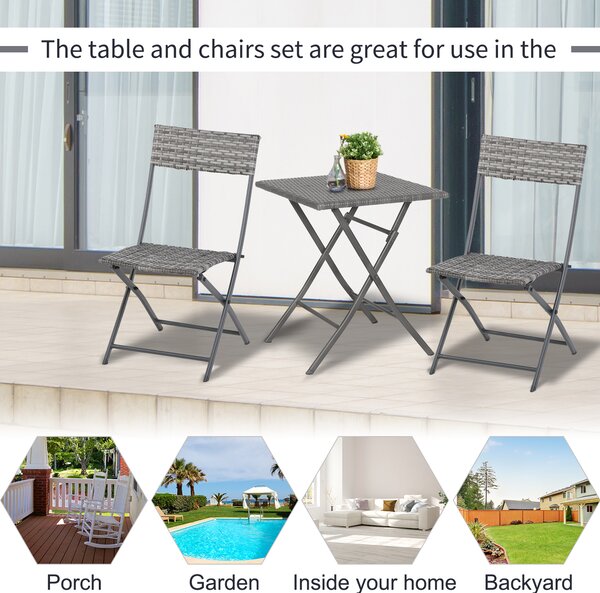 Outsunny PE Rattan Garden Furniture 2 Seater Patio Bistro Set Folding for 2 Outdoor Table and Chair Set (Grey) Aosom UK