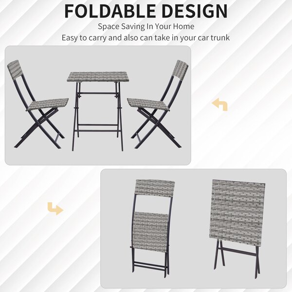 Outsunny PE Rattan Garden Furniture 2 Seater Patio Bistro Set Folding for 2 Outdoor Table and Chair Set (Grey) Aosom UK