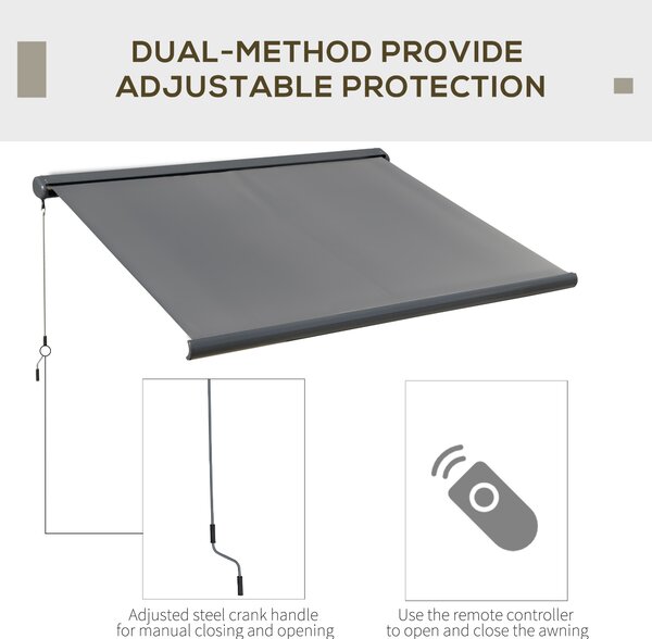 Outsunny Cassette Electric Motorised Manual Awning Door Window Patio Canopy Retractable Sun Shade w/ R/C, 300x250cm Grey