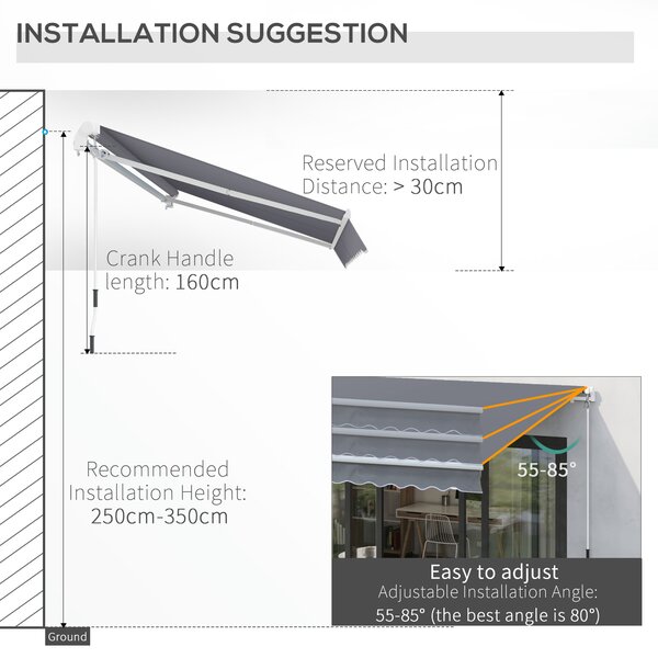 Outsunny Waterproof Garden Patio Manual Awning Canopy Sun Shade Shelter Retractable 4m x 3m-Grey Aosom UK