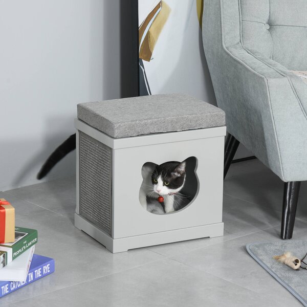 PawHut Cat House Bed Kitten Cave Cube Indoor for Small Pet with Removable Sisal Scratching Pads Soft Cushions, 41x30x36 cm, Grey Aosom UK