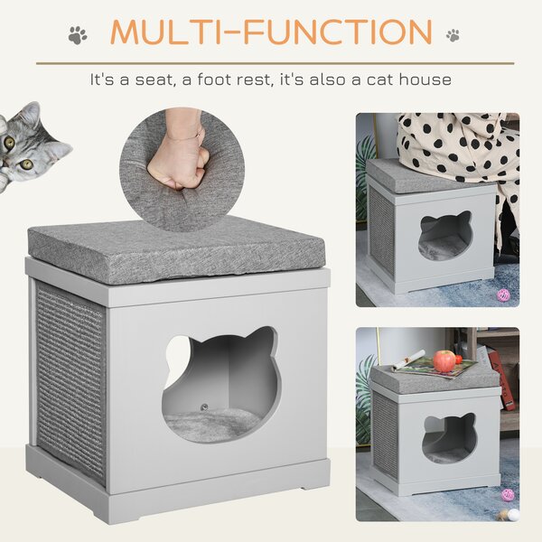 PawHut Cat House Bed Kitten Cave Cube Indoor for Small Pet with Removable Sisal Scratching Pads Soft Cushions, 41x30x36 cm, Grey Aosom UK