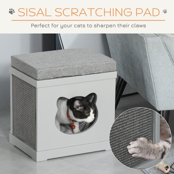 PawHut Cat House Bed Kitten Cave Cube Indoor for Small Pet with Removable Sisal Scratching Pads Soft Cushions, 41x30x36 cm, Grey Aosom UK