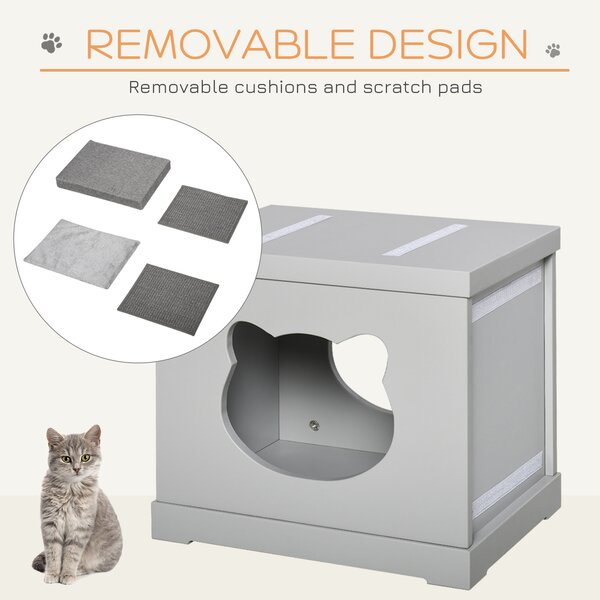 PawHut Cat House Bed Kitten Cave Cube Indoor for Small Pet with Removable Sisal Scratching Pads Soft Cushions, 41x30x36 cm, Grey Aosom UK