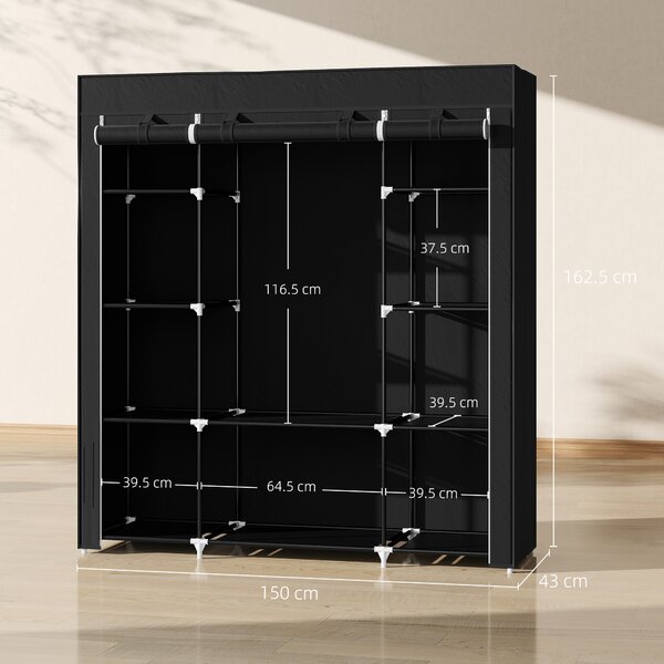 HOMCOM Portable Fabric Wardrobe with 10 Shelves, 1 Hanging Rail, Foldable Closet Storage, 150 x 43 x 162.5 cm, Black Aosom UK