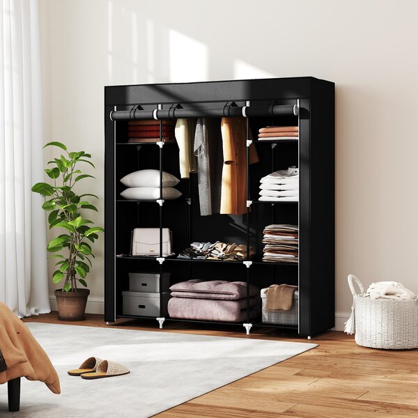 HOMCOM Portable Fabric Wardrobe with 10 Shelves, 1 Hanging Rail, Foldable Closet Storage, 150 x 43 x 162.5 cm, Black Aosom UK