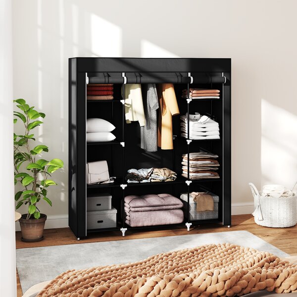 HOMCOM Portable Fabric Wardrobe with 10 Shelves, 1 Hanging Rail, Foldable Closet Storage, 150 x 43 x 162.5 cm, Black Aosom UK