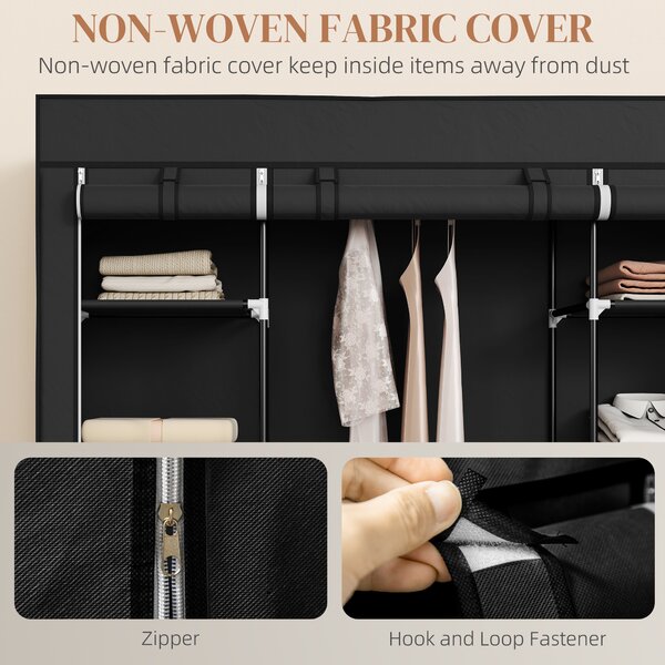 HOMCOM Portable Fabric Wardrobe with 10 Shelves, 1 Hanging Rail, Foldable Closet Storage, 150 x 43 x 162.5 cm, Black Aosom UK