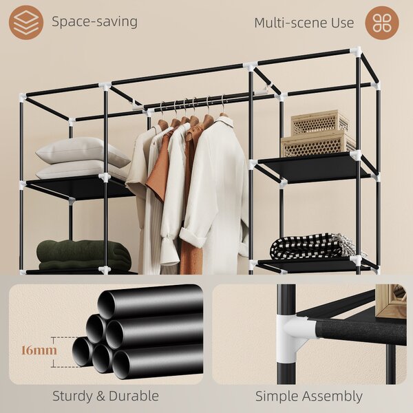 HOMCOM Portable Fabric Wardrobe with 10 Shelves, 1 Hanging Rail, Foldable Closet Storage, 150 x 43 x 162.5 cm, Black Aosom UK