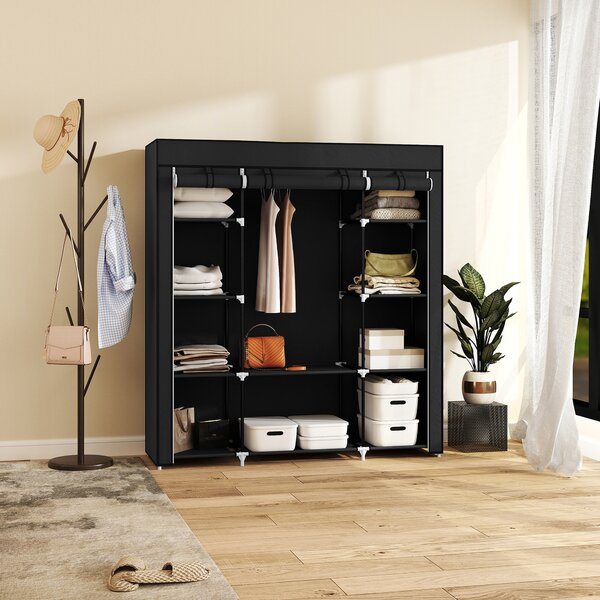HOMCOM Portable Fabric Wardrobe with 10 Shelves, 1 Hanging Rail, Foldable Closet Storage, 150 x 43 x 162.5 cm, Black Aosom UK
