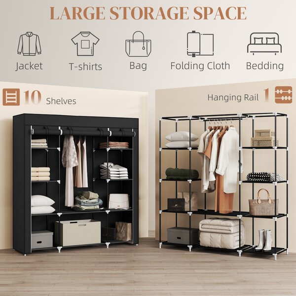 HOMCOM Portable Fabric Wardrobe with 10 Shelves, 1 Hanging Rail, Foldable Closet Storage, 150 x 43 x 162.5 cm, Black Aosom UK
