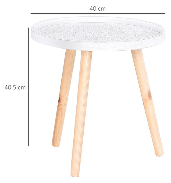 HOMCOM Carved Elegance: Set of 2 Floral Coffee Tables with Tray Top, Wooden Legs, Modern Round Side Tables, White Aosom UK