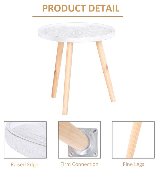 HOMCOM Carved Elegance: Set of 2 Floral Coffee Tables with Tray Top, Wooden Legs, Modern Round Side Tables, White Aosom UK
