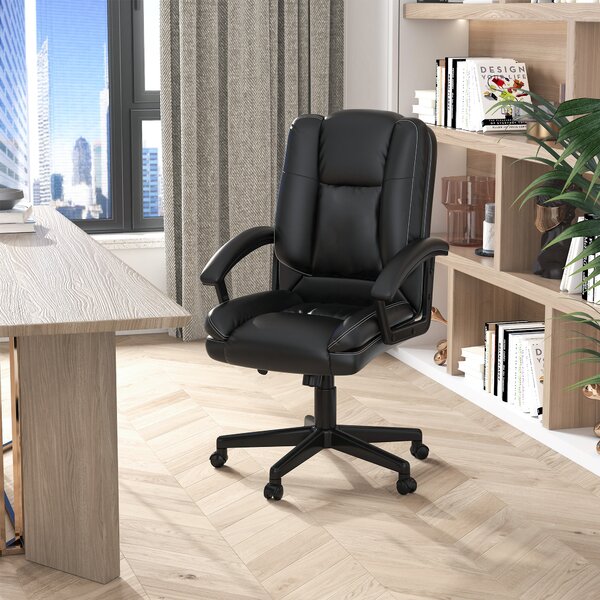 HOMCOM Executive Office Chair, Mid-Back Faux Leather Office Chair with Arms, Plush Padding & Silent Wheels, Black Aosom UK