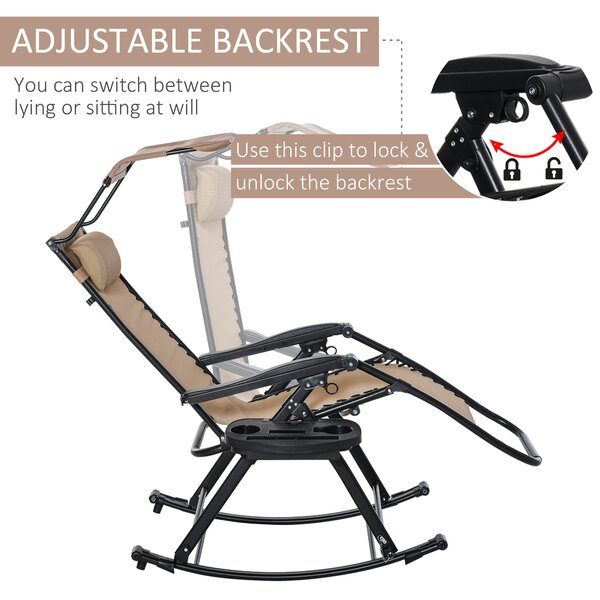 Outsunny Garden Rocking Chair Folding Recliner Outdoor Adjustable Sun Lounger Rocker Zero-Gravity Seat w/ Headrest Side Holder Patio, Beige Aosom UK