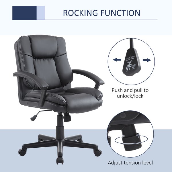 HOMCOM Executive Office Chair, Mid-Back Faux Leather Office Chair with Arms, Plush Padding & Silent Wheels, Black Aosom UK
