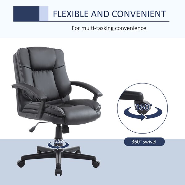 HOMCOM Executive Office Chair, Mid-Back Faux Leather Office Chair with Arms, Plush Padding & Silent Wheels, Black Aosom UK