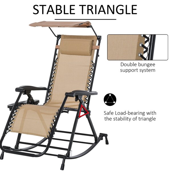 Outsunny Garden Rocking Chair Folding Recliner Outdoor Adjustable Sun Lounger Rocker Zero-Gravity Seat w/ Headrest Side Holder Patio, Beige Aosom UK