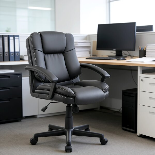 HOMCOM Executive Office Chair, Mid-Back Faux Leather Office Chair with Arms, Plush Padding & Silent Wheels, Black Aosom UK