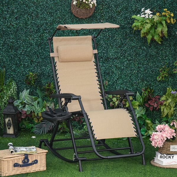 Outsunny Garden Rocking Chair Folding Recliner Outdoor Adjustable Sun Lounger Rocker Zero-Gravity Seat w/ Headrest Side Holder Patio, Beige Aosom UK