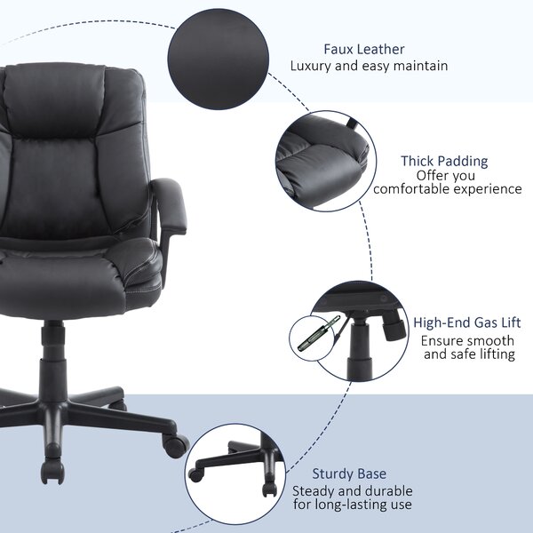 HOMCOM Executive Office Chair, Mid-Back Faux Leather Office Chair with Arms, Plush Padding & Silent Wheels, Black Aosom UK