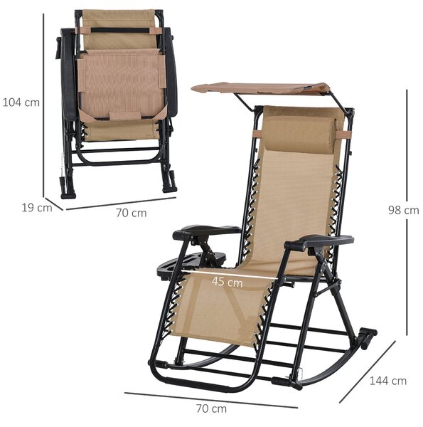 Outsunny Garden Rocking Chair Folding Recliner Outdoor Adjustable Sun Lounger Rocker Zero-Gravity Seat w/ Headrest Side Holder Patio, Beige Aosom UK