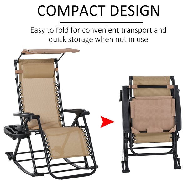 Outsunny Garden Rocking Chair Folding Recliner Outdoor Adjustable Sun Lounger Rocker Zero-Gravity Seat w/ Headrest Side Holder Patio, Beige Aosom UK