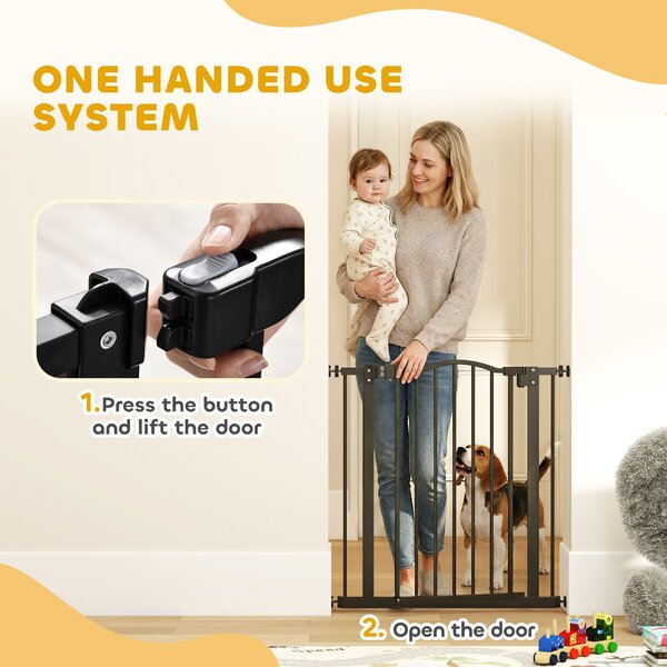 PawHut Metal 74-80cm Adjustable Pet Gate Safety Barrier w/ Auto-Close Door Black Aosom UK