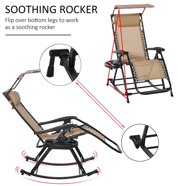 Outsunny Garden Rocking Chair Folding Recliner Outdoor Adjustable Sun Lounger Rocker Zero-Gravity Seat w/ Headrest Side Holder Patio, Beige Aosom UK