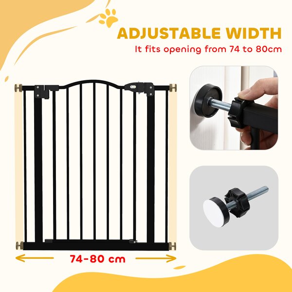 PawHut Metal 74-80cm Adjustable Pet Gate Safety Barrier w/ Auto-Close Door Black Aosom UK