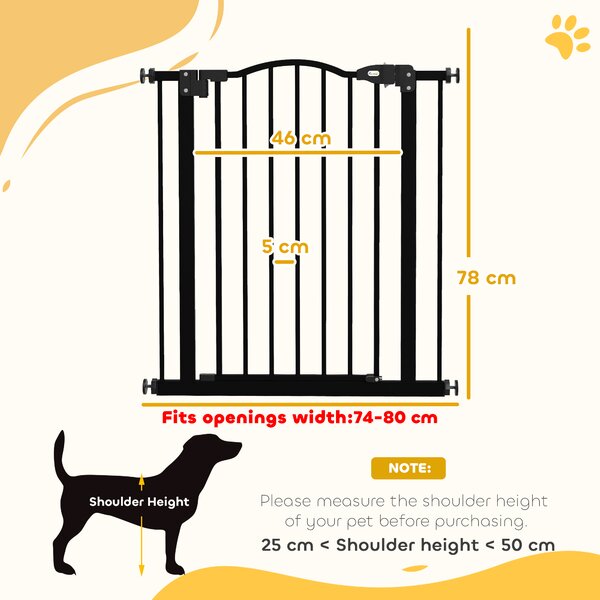 PawHut Metal 74-80cm Adjustable Pet Gate Safety Barrier w/ Auto-Close Door Black Aosom UK