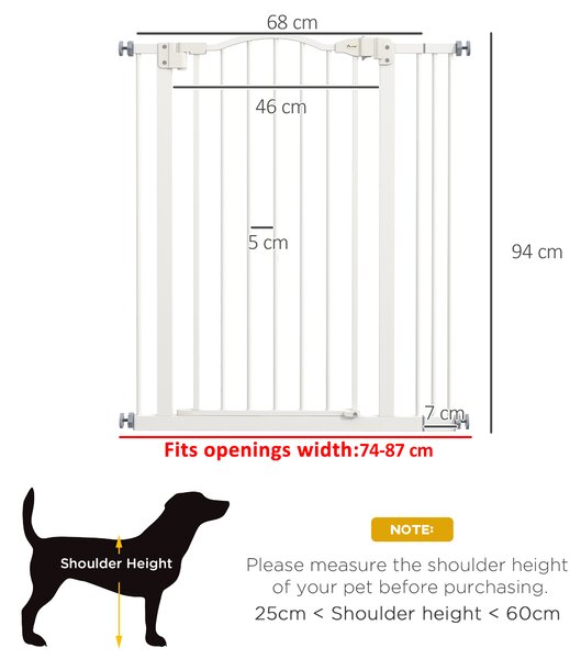 PawHut Adjustable Pet Portal: Metal Safety Gate with Folding Design, 74-87cm Width, Pristine White Aosom UK